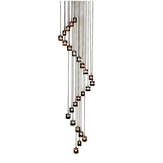 The YDAG300-25 is a modern chandelier featuring multiple small cube-shaped lights suspended at varying lengths from thin black cords in a spiral arrangement.
