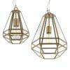 Two geometric Espada pendants with brass frames and clear glass panels, each showcasing an exposed bulb suspended from a cord.