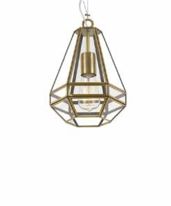 The Espada pendant features a geometric brass frame, clear glass panels, a visible bulb, and hangs from a white cord for a touch of modern elegance.