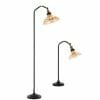 A tall Hertel floor lamp and a shorter table lamp, both black with curved necks and amber glass shades.
