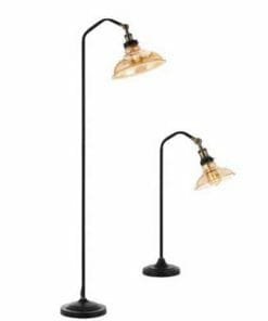 A tall Hertel floor lamp and a shorter table lamp, both black with curved necks and amber glass shades.