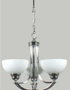 The Houston Range three-light chandelier features a chrome finish, white glass shades, and is suspended from a chain against a plain background.