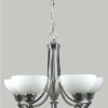 The Houston Range chandelier features six curved metal arms with white glass lampshades, all suspended from the ceiling by a chain.