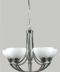 The Houston Range chandelier features six curved metal arms with white glass lampshades, all suspended from the ceiling by a chain.