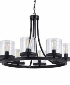 The Largo Pendant is a black metal chandelier with six cylindrical glass shades and exposed bulbs, elegantly suspended by a chain.