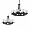 Two Largo Pendant lights feature circular black metal frames with six clear glass cylinder shades and exposed bulbs, all elegantly suspended from chains.