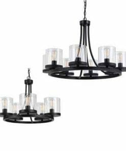 Two Largo Pendant lights feature circular black metal frames with six clear glass cylinder shades and exposed bulbs, all elegantly suspended from chains.