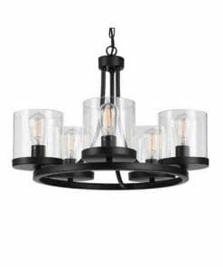 The Largo Pendant features black metal construction with five exposed bulbs, each encased in a clear cylindrical glass shade, and hangs elegantly by a chain.