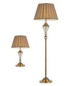 A set of Oxford floor lamp and table lamp, both featuring striped beige lampshades and clear glass accents on the stems.