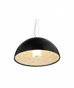 The Space Pendant is a modern dome light in black with a white inner surface featuring a subtle floral pattern, suspended by three wires.