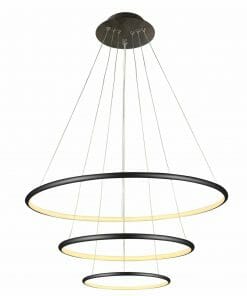 Three Slimline Ring LED pendants in different sizes hang from thin wires, creating a modern chandelier effect.