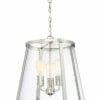 The Lauren 3lt Series pendant light features a modern metal frame, clear glass shade, and three exposed bulbs suspended from a chain-mounted ceiling plate.