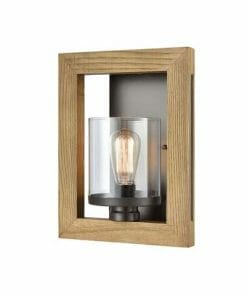 Wall sconce with a rectangular wooden frame, black metal backplate, and clear glass cylinder shade encasing an exposed bulb—matches perfectly with the Meti 2 pendant for a unified lighting look.