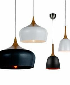 Four modern Polk Pendant 20 lights with smooth black and white shades, wood accents, and hanging cords create stylish pendant lighting against a plain white background.