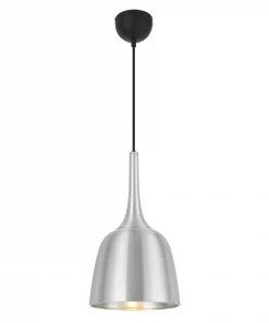 The Polk Pendant 20 features a sleek silver finish, black ceiling mount, and black cord, softly illuminated by the bulb’s warm glow.
