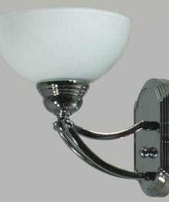 The Houston 1Lt wall light showcases a chrome base and arm with an upward-facing frosted glass shade, creating a sleek, modern look perfect for any space.