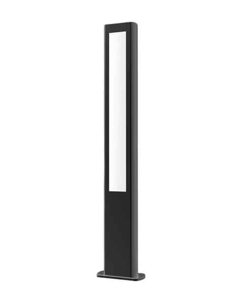 The Hathor series LED Bollard is a tall, rectangular black outdoor light with a frosted white panel, standing upright on a small base.