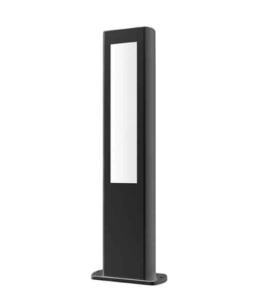 The Amun series LED bollard is a black rectangular light with a central frosted panel, mounted on a flat base.