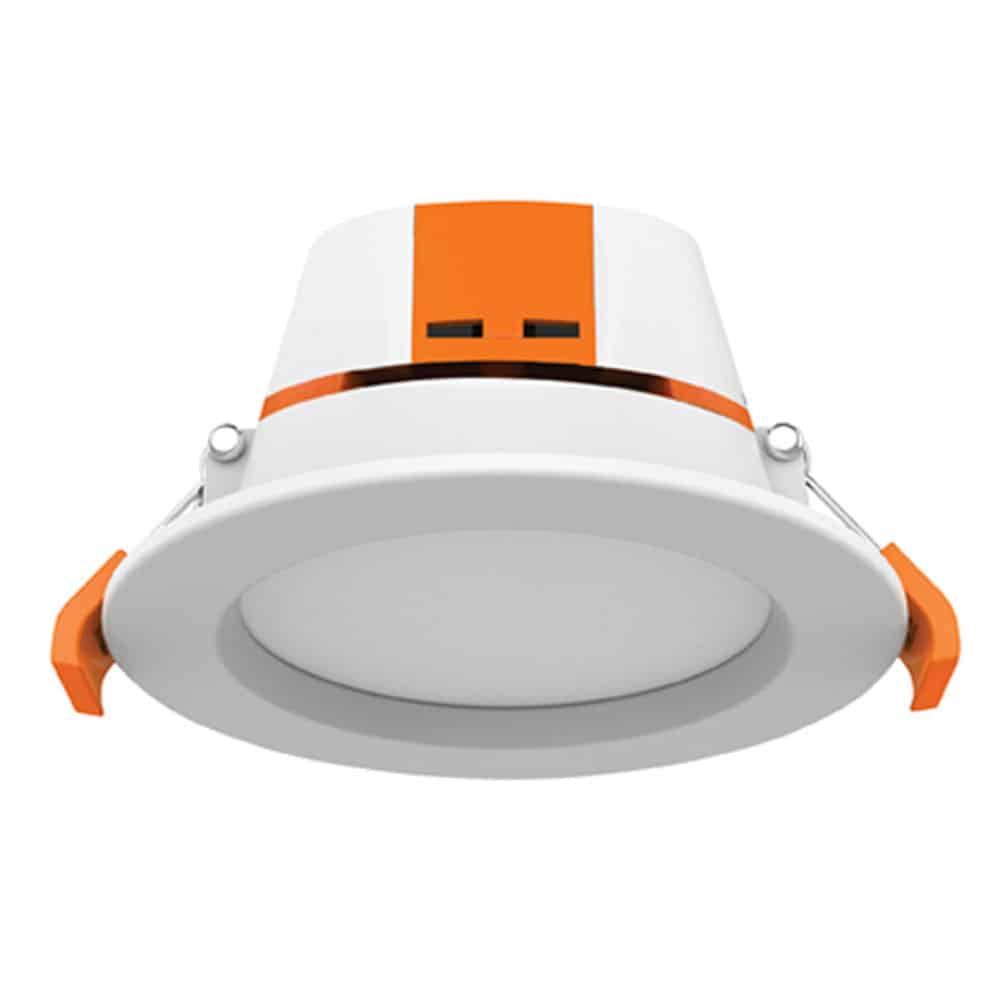 The Apollo 9W Tri-colour LED recessed downlight features a round white design with orange clips, ideal for ceiling installation.