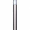 The Elanora Series cylindrical stainless steel outdoor bollard light features a frosted top section and is mounted on a round base.