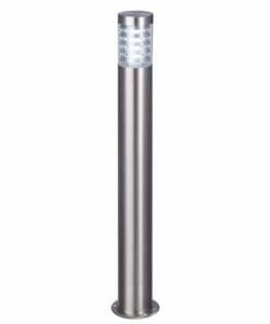 The Elanora Series cylindrical stainless steel outdoor bollard light features a frosted top section and is mounted on a round base.