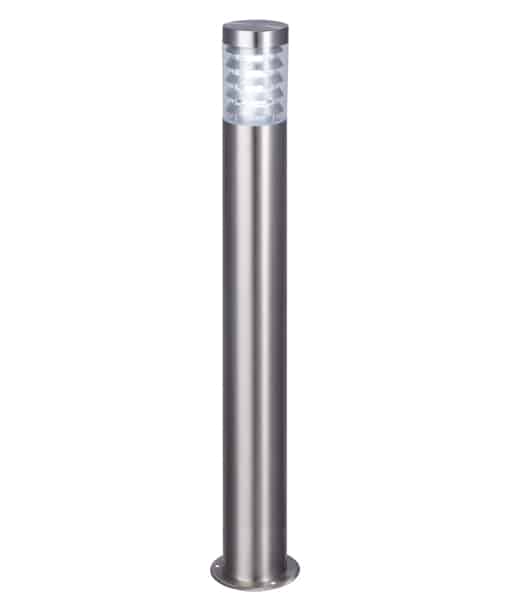 The Elanora Series cylindrical stainless steel outdoor bollard light features a frosted top section and is mounted on a round base.