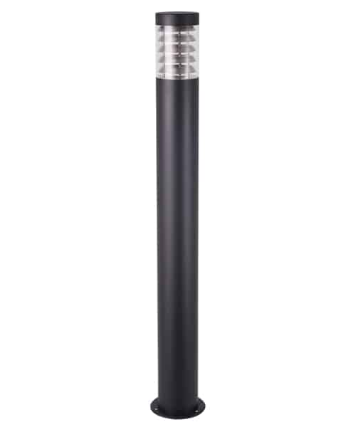 Tall black outdoor bollard light from the Elanora series, with a cylindrical design, transparent top section, and horizontal slats, matching the style of the Elanora stainless steel wall light.