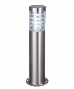 The Elanora Series features a sleek stainless steel outdoor bollard light with a cylindrical design and a transparent top, emitting white light.