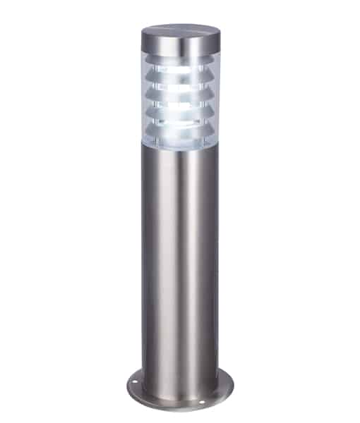 The Elanora Series features a sleek stainless steel outdoor bollard light with a cylindrical design and a transparent top, emitting white light.