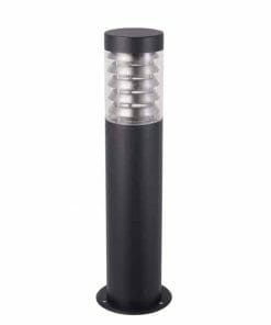 A black outdoor bollard light with a cylindrical body, clear ribbed diffuser, and round base, designed to match the Elanora series stainless steel wall light.