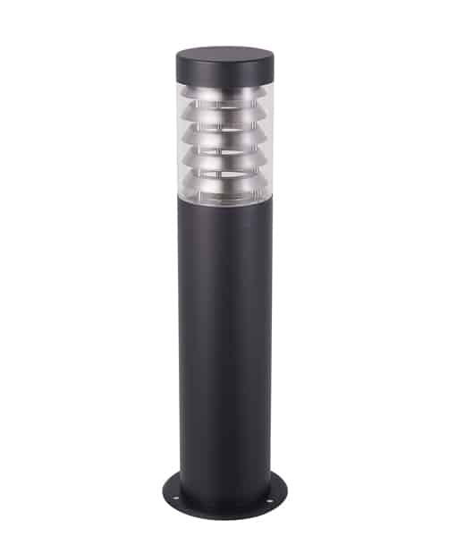 A black outdoor bollard light with a cylindrical body, clear ribbed diffuser, and round base, designed to match the Elanora series stainless steel wall light.