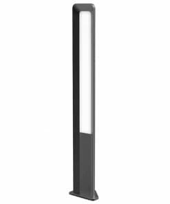 The Hathor Series LED Bollard features a tall, rectangular design in dark grey with a frosted white panel, providing even outdoor illumination.