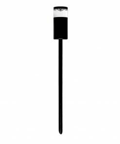 The Hightlite HV1489-BLK/TTM is a black, solar-powered spike light with a cylindrical top and long stake, ideal for ground placement to brighten your garden.