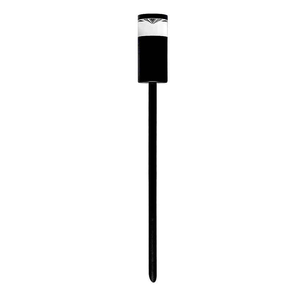 The Hightlite HV1489-BLK/TTM is a black, solar-powered spike light with a cylindrical top and long stake, ideal for ground placement to brighten your garden.