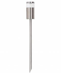 The Hightlite HV1489-BLK/TTM is a stainless steel, solar-powered black spike light garden stake with a cylindrical head and pointed end for easy ground insertion.