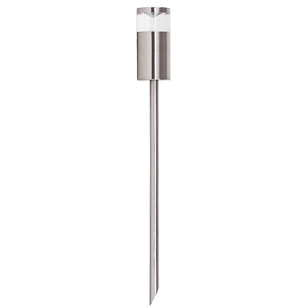 The Hightlite HV1489-BLK/TTM is a stainless steel, solar-powered black spike light garden stake with a cylindrical head and pointed end for easy ground insertion.