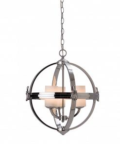 The HL-PD6037 pendant features a modern spherical design with a metal frame and four white frosted glass shades, elegantly suspended by a chain.