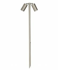 The Tivah HV1405-SS316 is a stainless steel outdoor spike spotlight featuring two cylindrical adjustable heads on a single vertical stake.