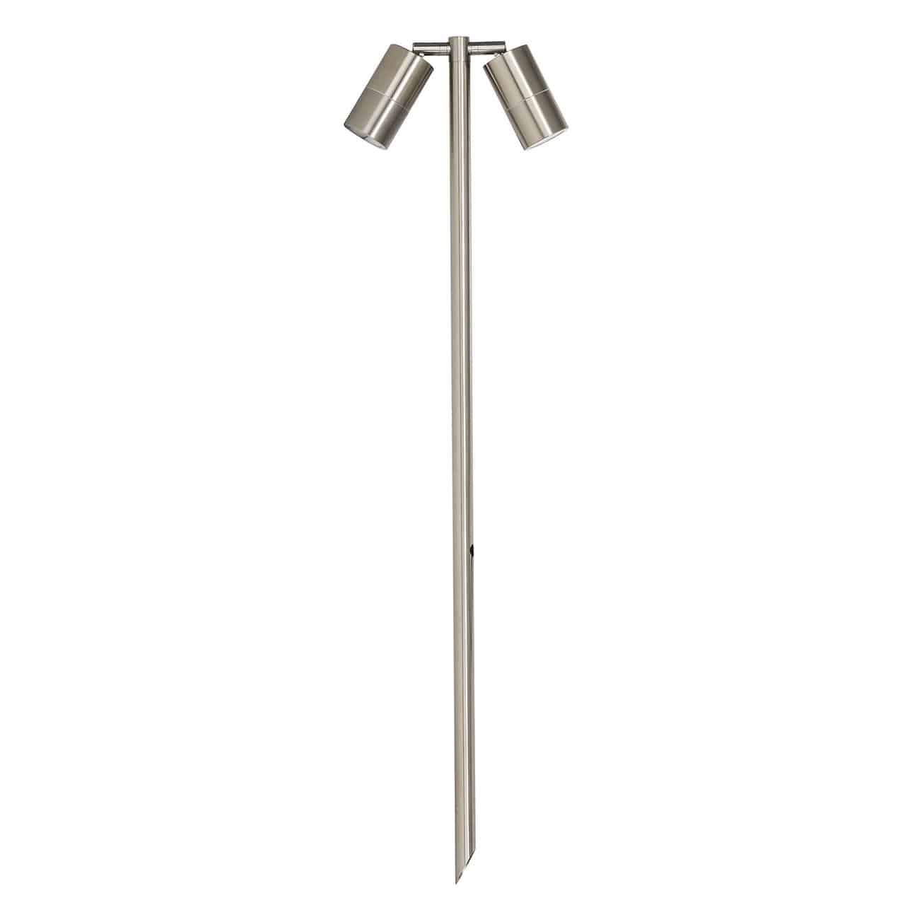 The Tivah HV1405-SS316 is a stainless steel outdoor spike spotlight featuring two cylindrical adjustable heads on a single vertical stake.