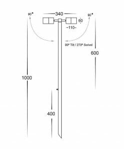 Technical drawing of the Tivah HV1405-SS316 vertical post for Spike Spotlight: 1000mm tall, 340mm wide adjustable top arm with tilt/swivel angles shown; height segments marked at 600mm and 400mm.