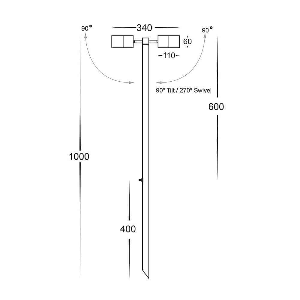 Technical drawing of the Tivah HV1405-SS316 vertical post for Spike Spotlight: 1000mm tall, 340mm wide adjustable top arm with tilt/swivel angles shown; height segments marked at 600mm and 400mm.