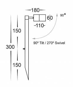 Technical drawing of the Tivah copper HV1413 wall-mounted spotlight, showing dimensions in millimeters and tilt/swivel angles: 90° tilt, 270° swivel, and lengths of 180 mm, 150 mm, 110 mm, and 60 mm.