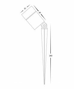 Line drawing of the Oasis HV1429-BLK spotlight with ground spike shows a side view: head dimensions are 57 mm x 85 mm, and total height including spike is 260 mm.