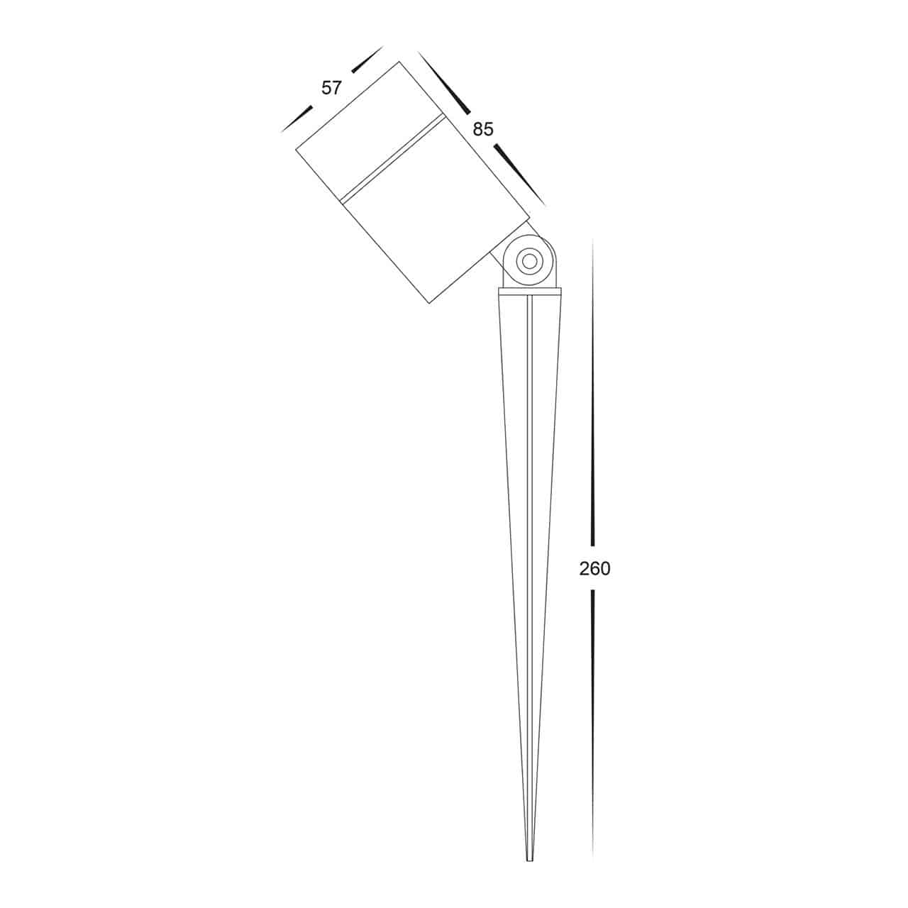 Line drawing of the Oasis HV1429-BLK spotlight with ground spike shows a side view: head dimensions are 57 mm x 85 mm, and total height including spike is 260 mm.
