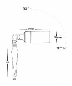 Technical diagram of the Laiton Antique brass adjustable spotlight, displaying dimensions: 174mm length, 54mm height, 225mm total height, 38mm base diameter, with a tilt capability of up to 90°.