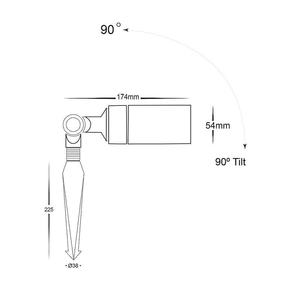 Technical diagram of the Laiton Antique brass adjustable spotlight, displaying dimensions: 174mm length, 54mm height, 225mm total height, 38mm base diameter, with a tilt capability of up to 90°.