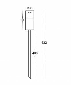 Line drawing of the Hightlite HV1489-BLK/TTM black outdoor spike light, cylindrical shape, 60mm diameter, 132mm head height, 400mm stake length, total height 532mm.