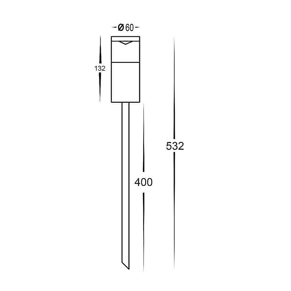 Line drawing of the Hightlite HV1489-BLK/TTM black outdoor spike light, cylindrical shape, 60mm diameter, 132mm head height, 400mm stake length, total height 532mm.