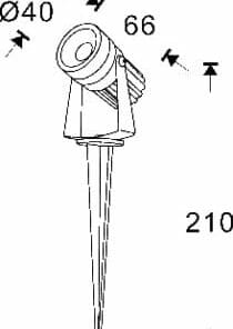 Line drawing of the Mini adjustable spike garden spotlight with stake; dimensions: 40 mm diameter, 66 mm length, and 210 mm total height.