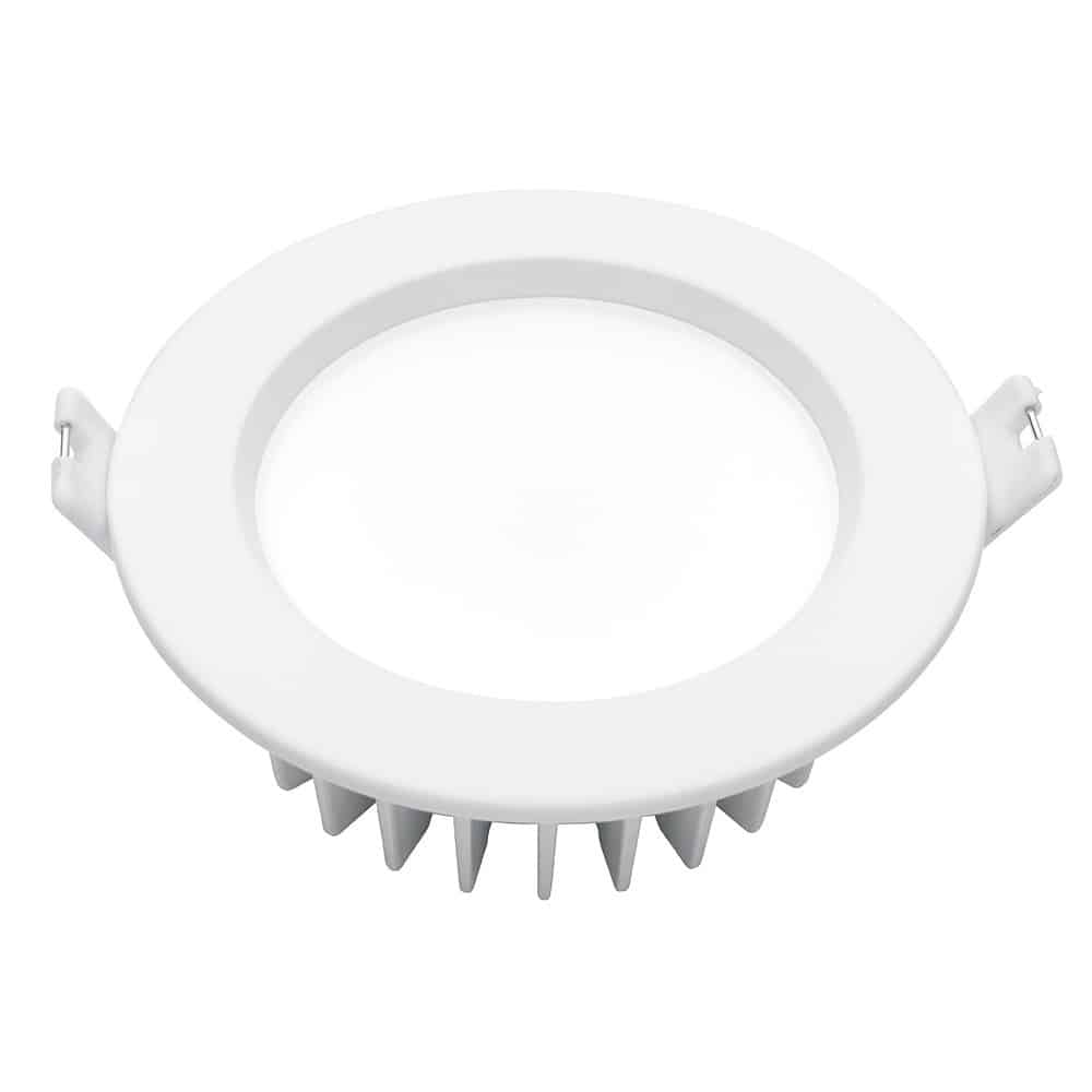 Optica 10W Tri-colour is a round recessed LED ceiling light featuring a frosted center panel and two metal side clips for secure mounting.